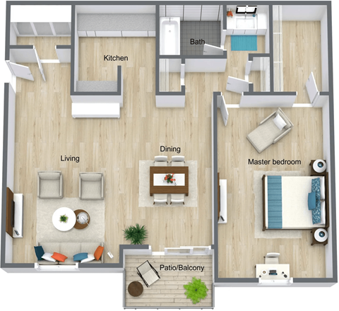 Floor plan for 1 bed, 1 bath, 884 sqft